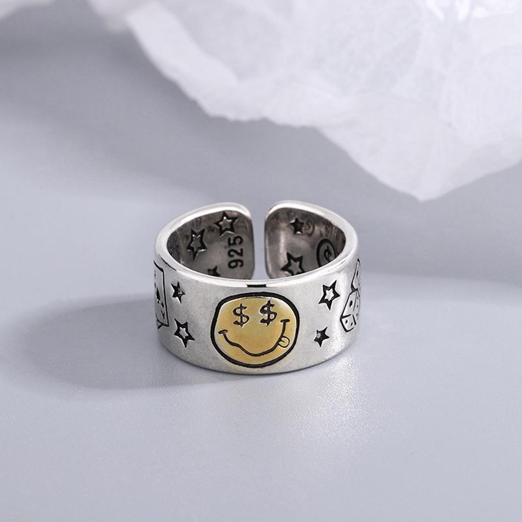 Vintage Smile Face Poker Dices Star Opening Ring Adjustable Ring Jewelry for Fashion Enthusiasts and Retro Lovers