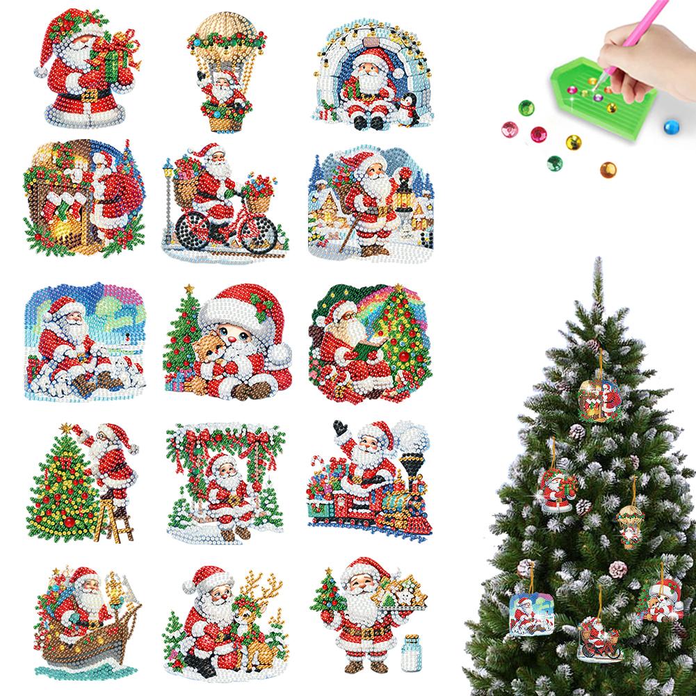 6/10/15pc Xmas Theme 2D/Flat DIY Hanging Diamond Art Kits Acrylic Rhinestone Diamond Christmas Tree Wall Window Pendant Ornament