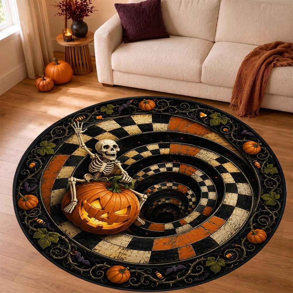 Halloween Patio Front Door Skeleton Carpet Kitchen Floor Mat Bedroom Bedside Pumpkin Round Area Rug Office Home Decor