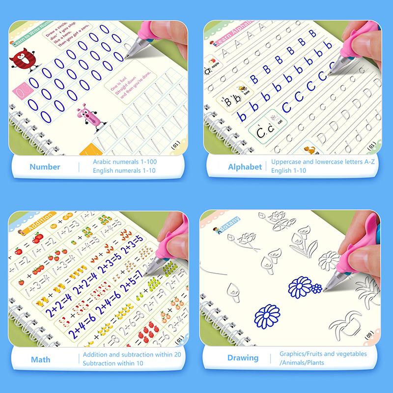 1/4 шт. Волшебная тетрадь для практики, ручка для дошкольников, каллиграфия, английская версия, бесплатная протирка, детская многоразовая тетрадь для письма