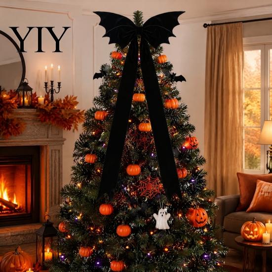 Indoor Outdoor Festive Ornaments Halloween Bat Bow Garden Decor, Christmas Tree Topper Hanging Ornament Decorations for Party Party, Spooky