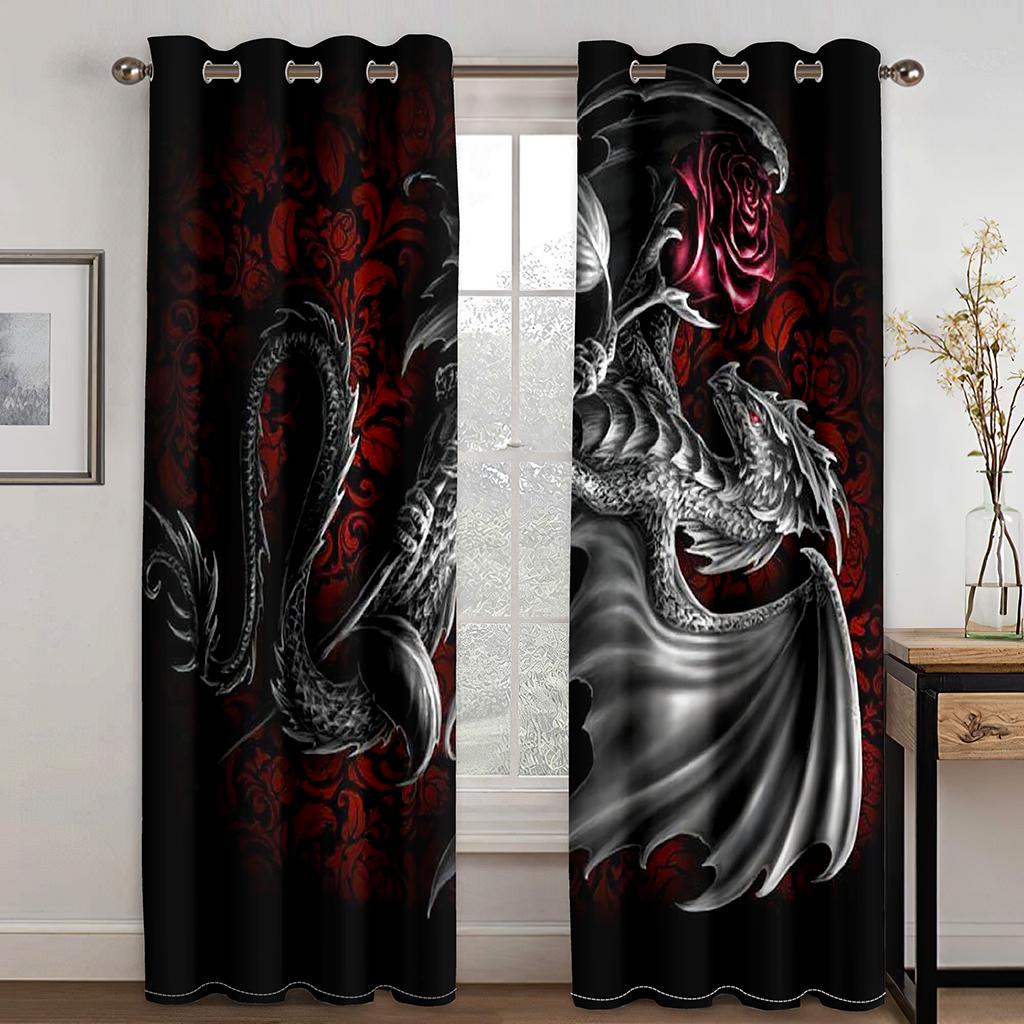 Customize Red Medieval Fantasy Dragon Design 2 Panels Thin Window Curtains for Living Room Bedroom Drape Decortion