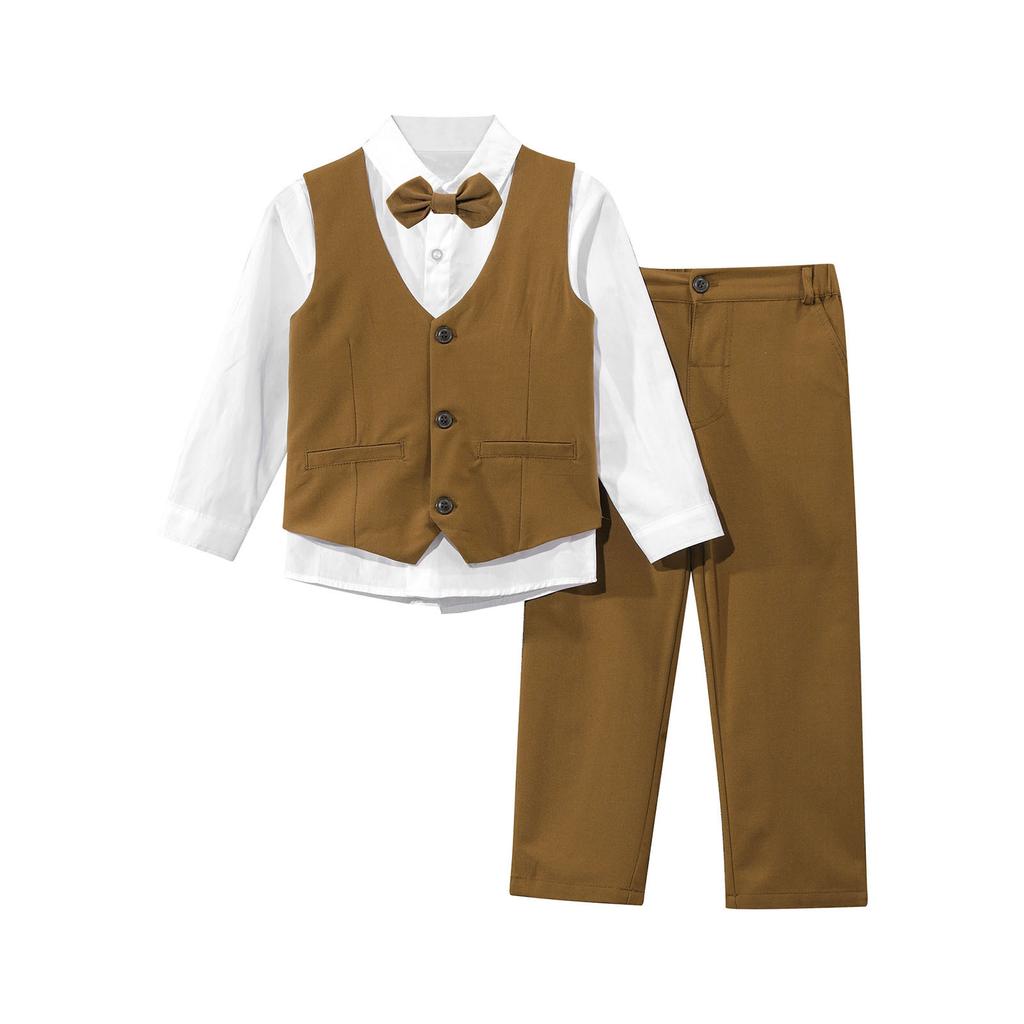 Деловой костюм из 4 предметов для мальчиков, жилет, брюки, классическая рубашка с воротником и галстук-бабочка, детский костюм-смокинг джентльмена