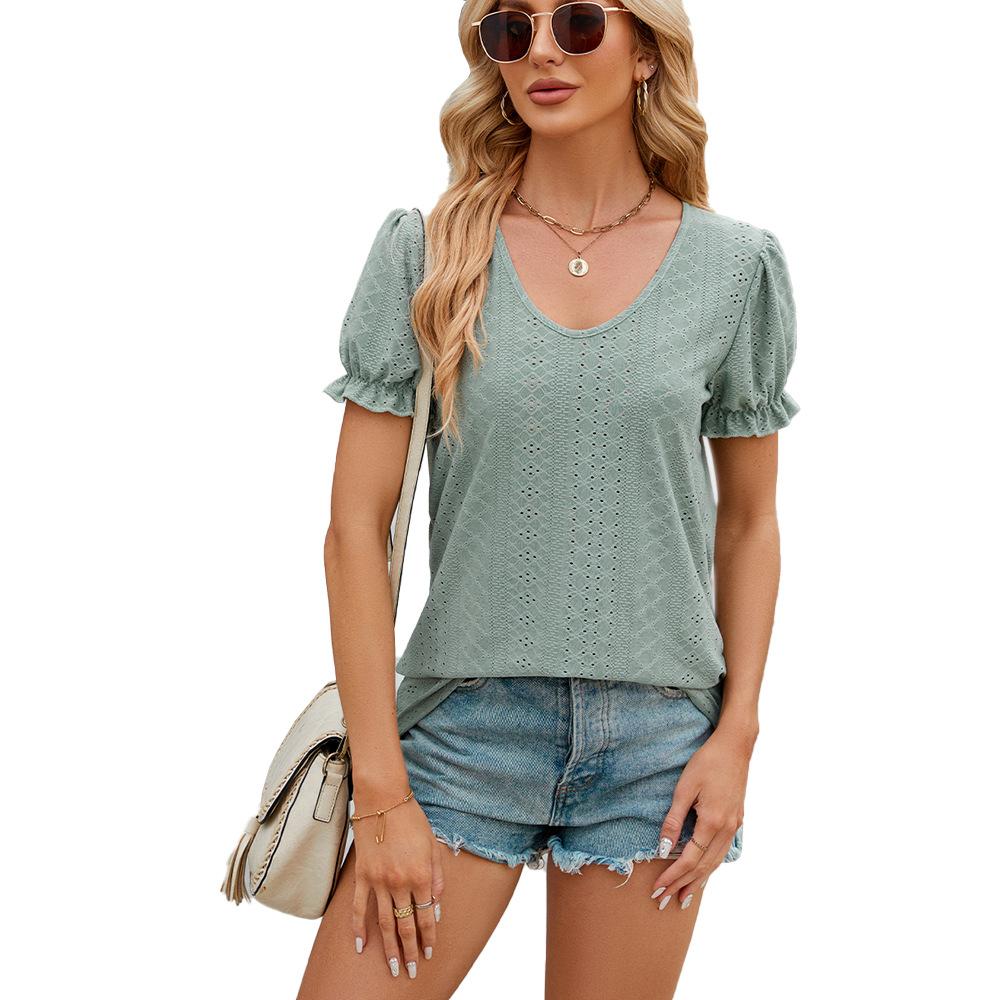 GMXIA Women's Fashion Casual Summer Spring Solid Color Print Short Sleeve U-Neck Loose Fold Blouses & Shirts