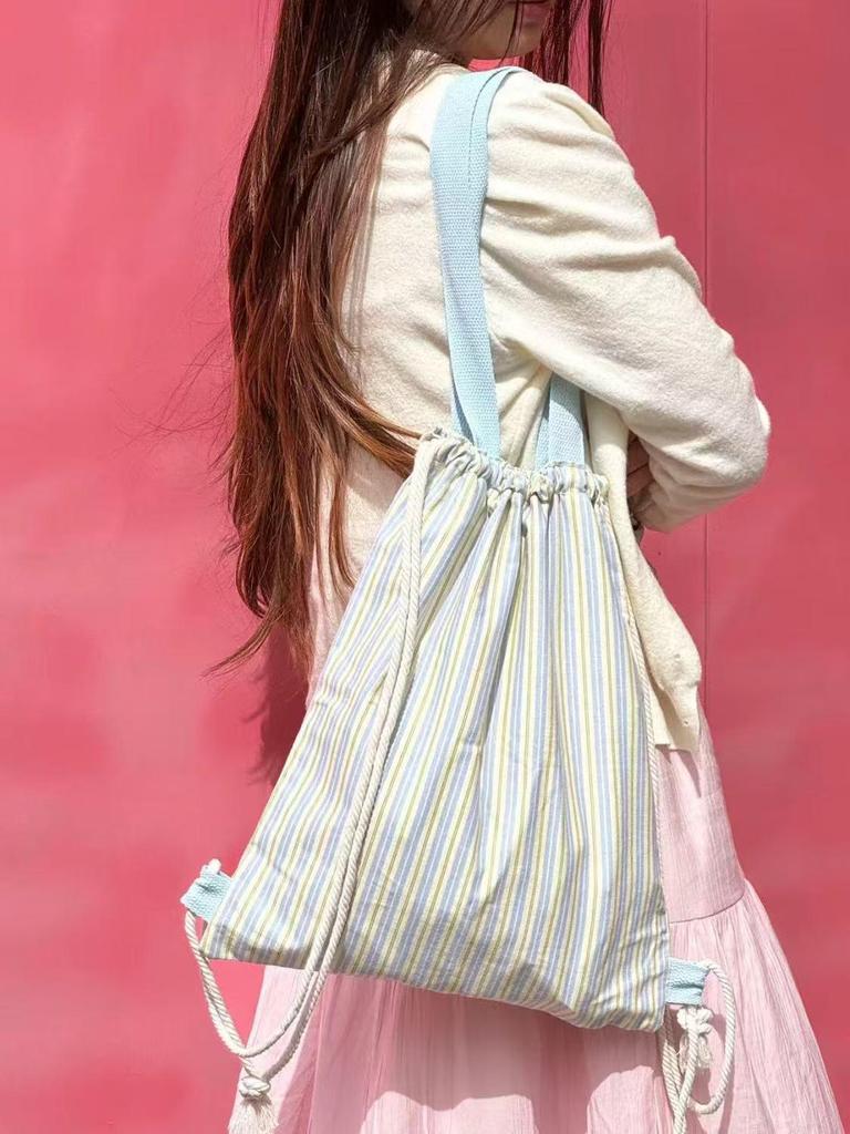 Striped Canvas Drawstring Backpack - 2025 Casual Commuter with Large Capacity & Single Shoulder Strap