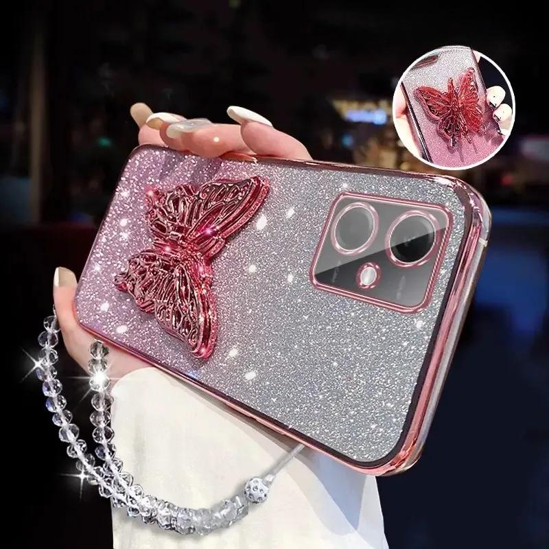 3D Держатель для телефона в виде бабочки, Хрустальный браслет, Блестящий чехол с покрытием для Xiaomi Redmi Note 12 Pro Plus 4G 5G, Задняя крышка