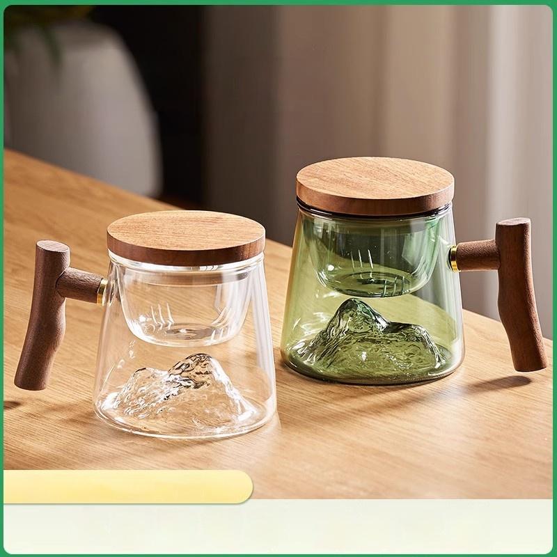 400ml Glass Tea Cup Walnut Anti Scald Handle Thickened Cup Chinese Far Mountain Design High Borosilicate Glass Tea Cup