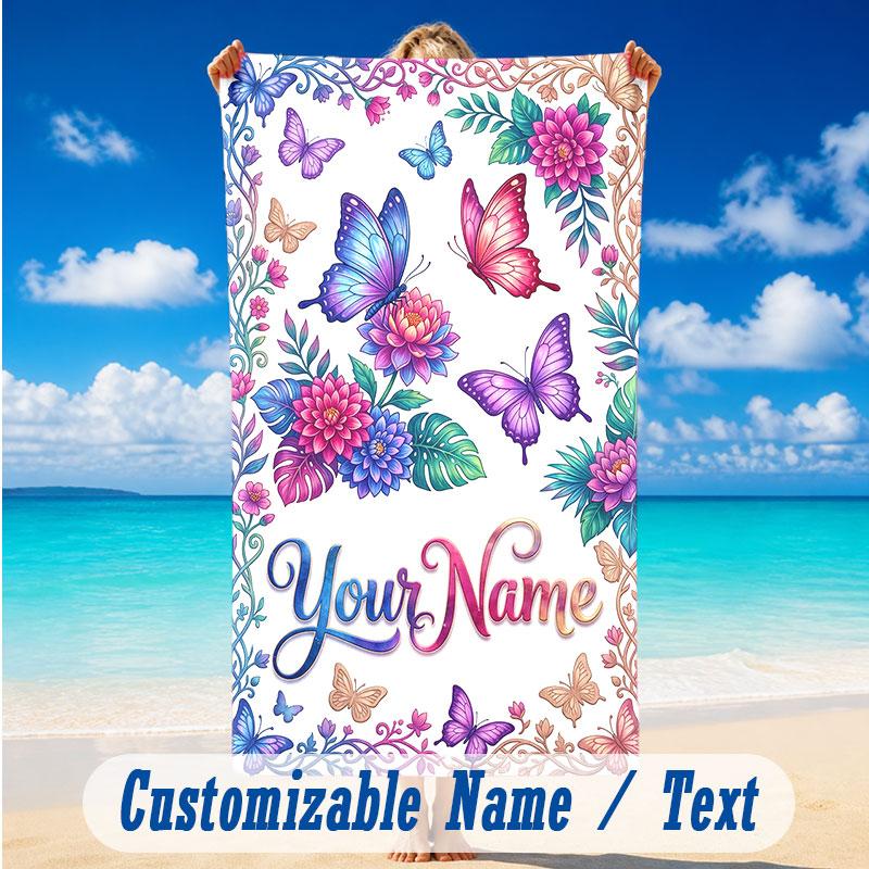 Butterfly Theme Beach Towel Personalized Custom Name & Text Soft Quick Dry Beach Towel for Swimming Travel