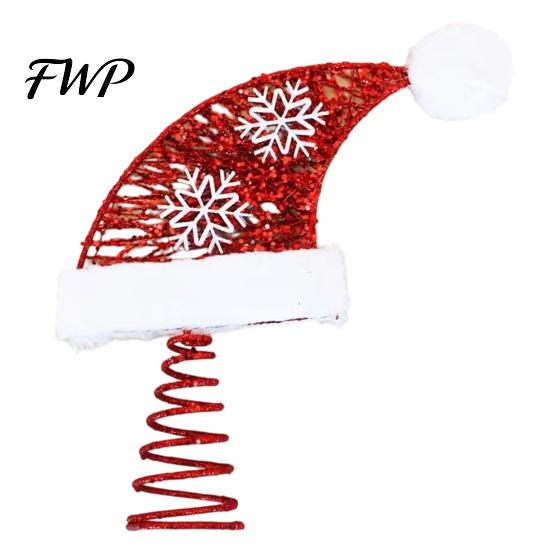 Christmas Gift for Home Santa Hat Tree Topper with Fluffy Pom Ball, 10 Inch Metal Retail Store Ornament Wire Treetop Spring Base Tree, Holiday