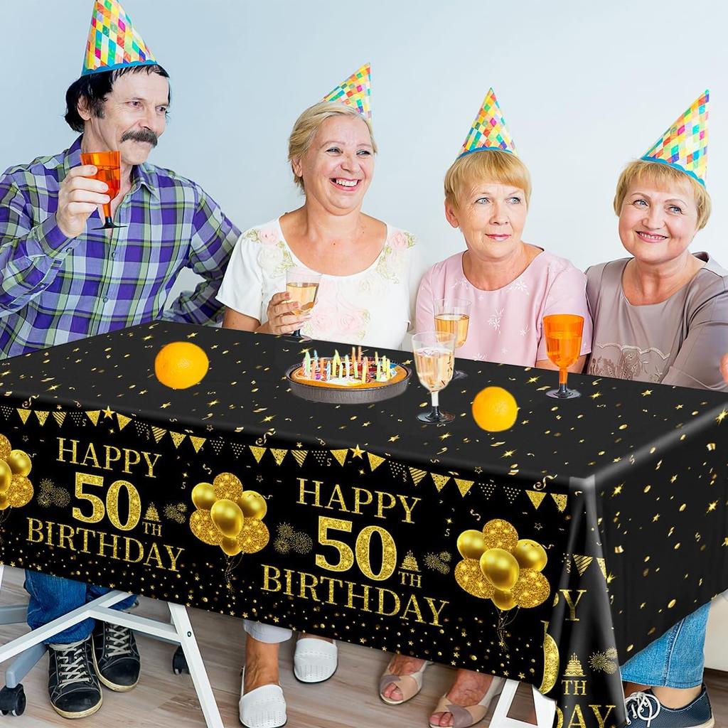 3 Pack Black Gold 50th Birthday Tablecloth, Rectangular Plastic Table Cover, 42.5x70.8 Inches, Happy 50 Birthday Decoration for Party Supplies