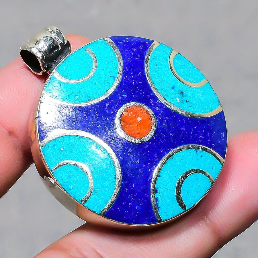 Vintage Tibetan Nepali Pendant 1.7" Natural Coral Lapis lazuli Turquoise NP 2416