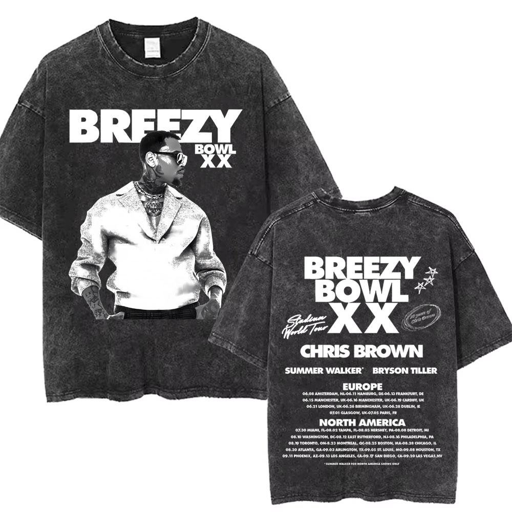 retro Washed Chris Brown Breezy Bowl XX Tour Graphic T Shirts Men Hip Hop Fashion Casual Tshirts Unisex Summer Cotton tees