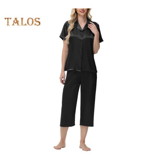 2 шт./комплект пижамы Ice Silk, рубашка с длинным рукавом и застежкой на пуговицы, эластичный пояс, широкие укороченные брюки, домашняя одежда, повседневный наряд, весенняя одежда для сна