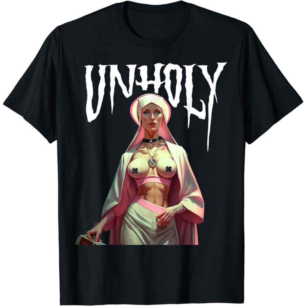 Trendy Funny Horror Unh0ly Nun Pink Nun Graphic Tee Breathable Tops for Men Women Gothic Humor Streetwear Fashion Casual Wear