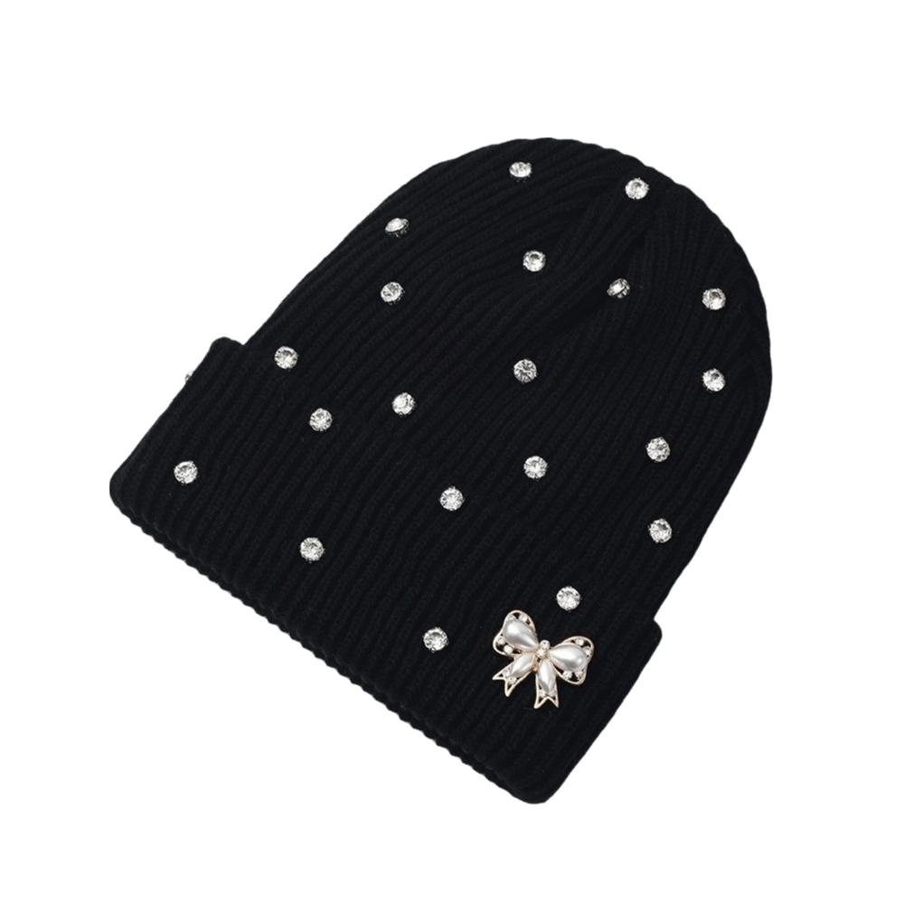 Solid Color Crystal Pearl Bow Beanie Warm Pullover Hat Fashion Knit Hat Outdoor