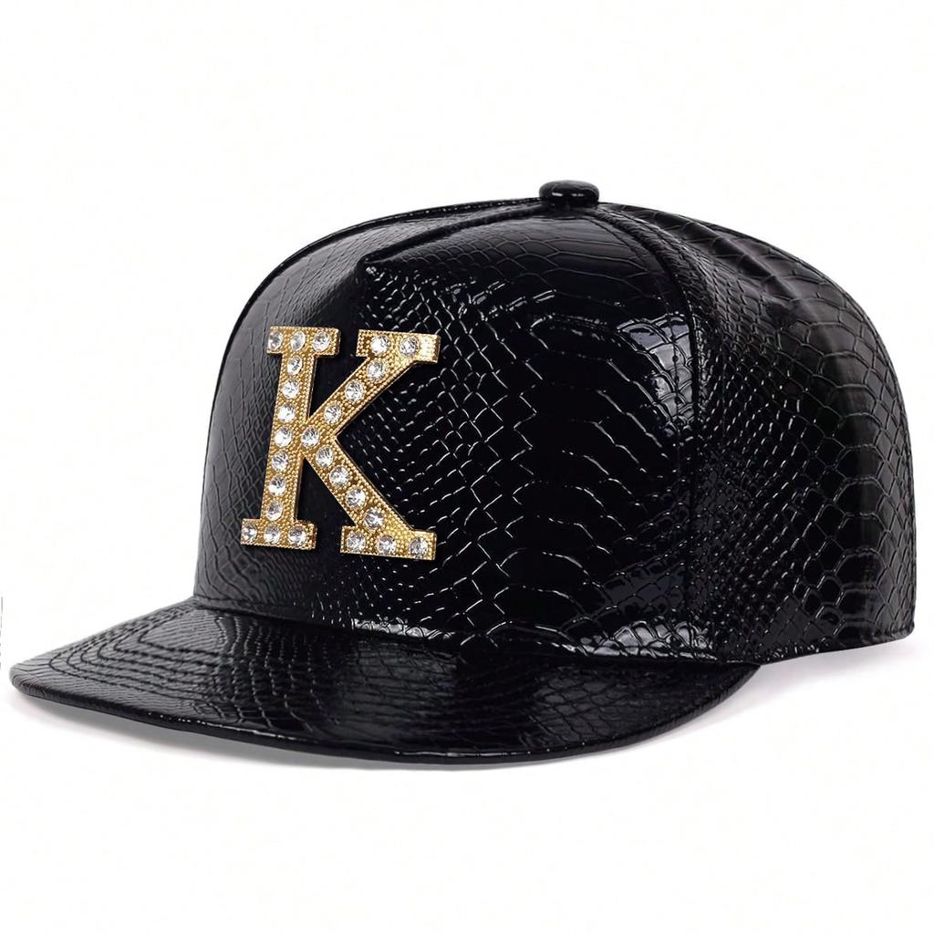 Metal K Letter Crocodile Grain PU Leather Hip-hop Hat Unisex Flat Top Baseball Cap Fashionable Outdoor Sunscreen Hats Leisure Travel Caps