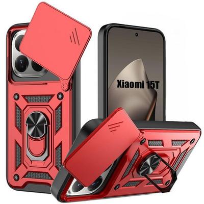Чехол для Xiaomi 15T - Ультрапрочная защита с кольцом и выдвижной шторкой для камеры - Красный