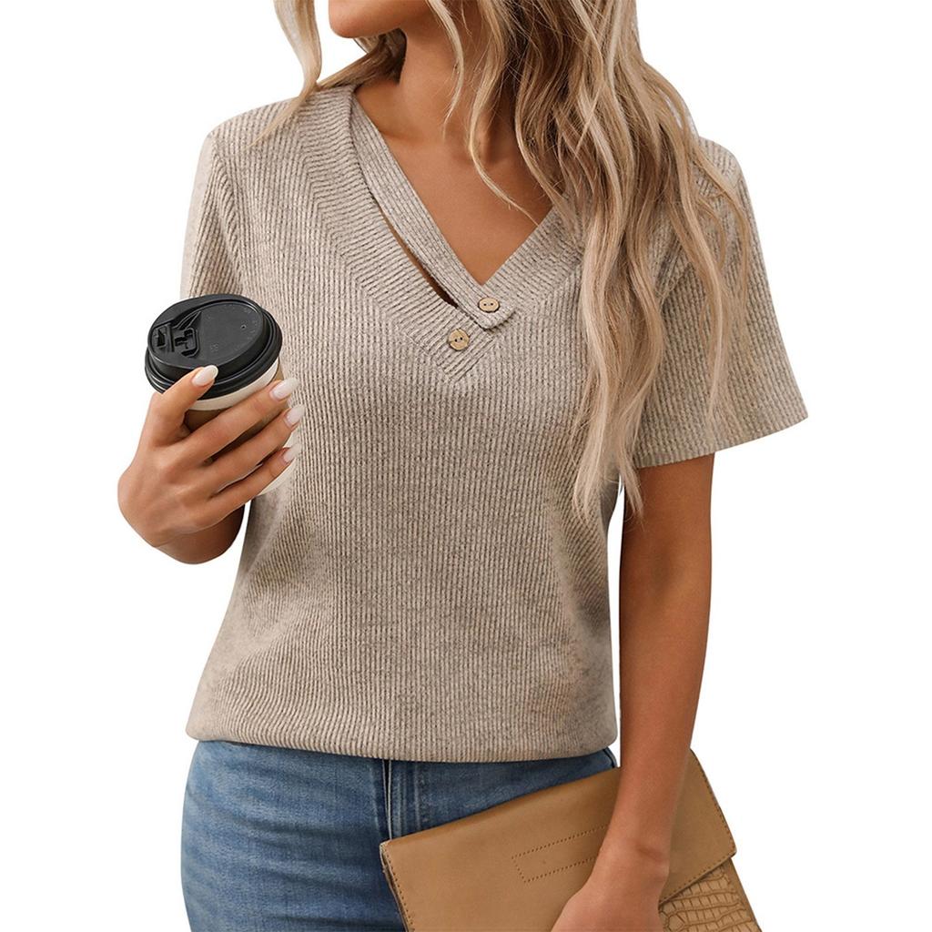 Женский модный однотонный повседневный топ с V-образным вырезом и короткими рукавами на пуговицах