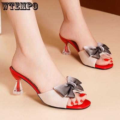 Летние босоножки на высоком каблуке Сандалии с бантами поверх всего Летние тапочки