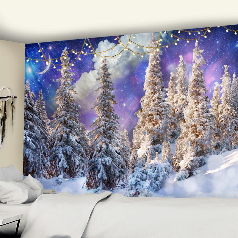 Снежный ночной пейзаж Гобелен Настенный гобелен Сосна Красочное звездное небо Хиппи Простой и свежий Богемный декор комнаты