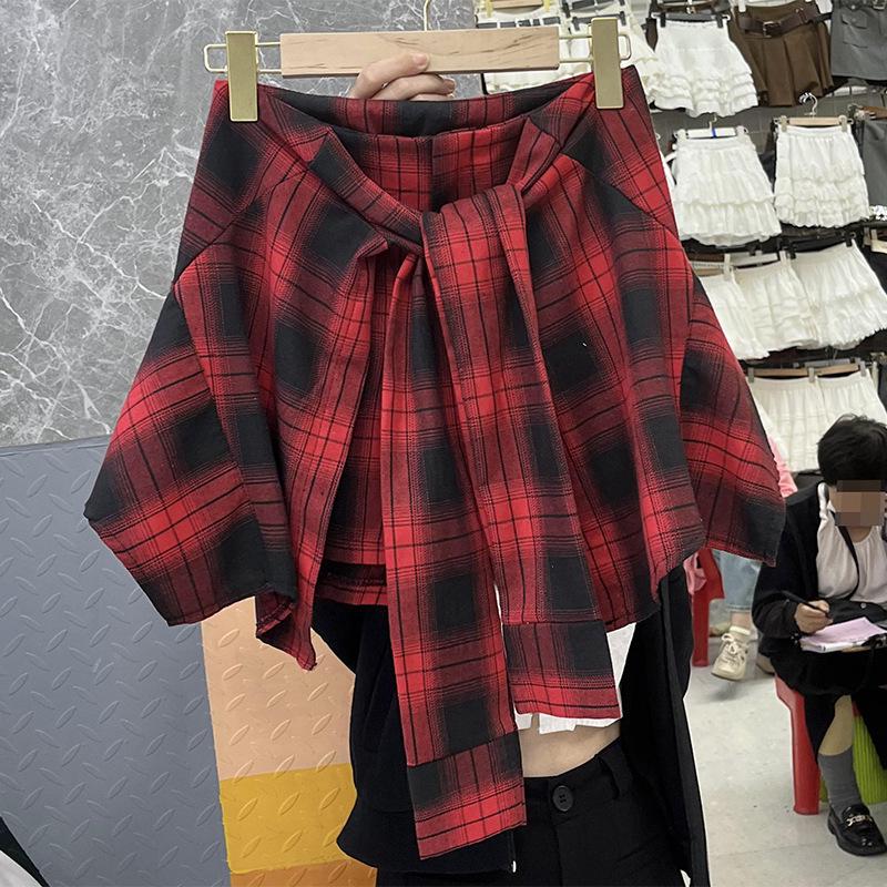 Стильная женская клетчатая юбка миди 2025: Завязки, Неровный подол, Высокая талия, Приталенный дизайн