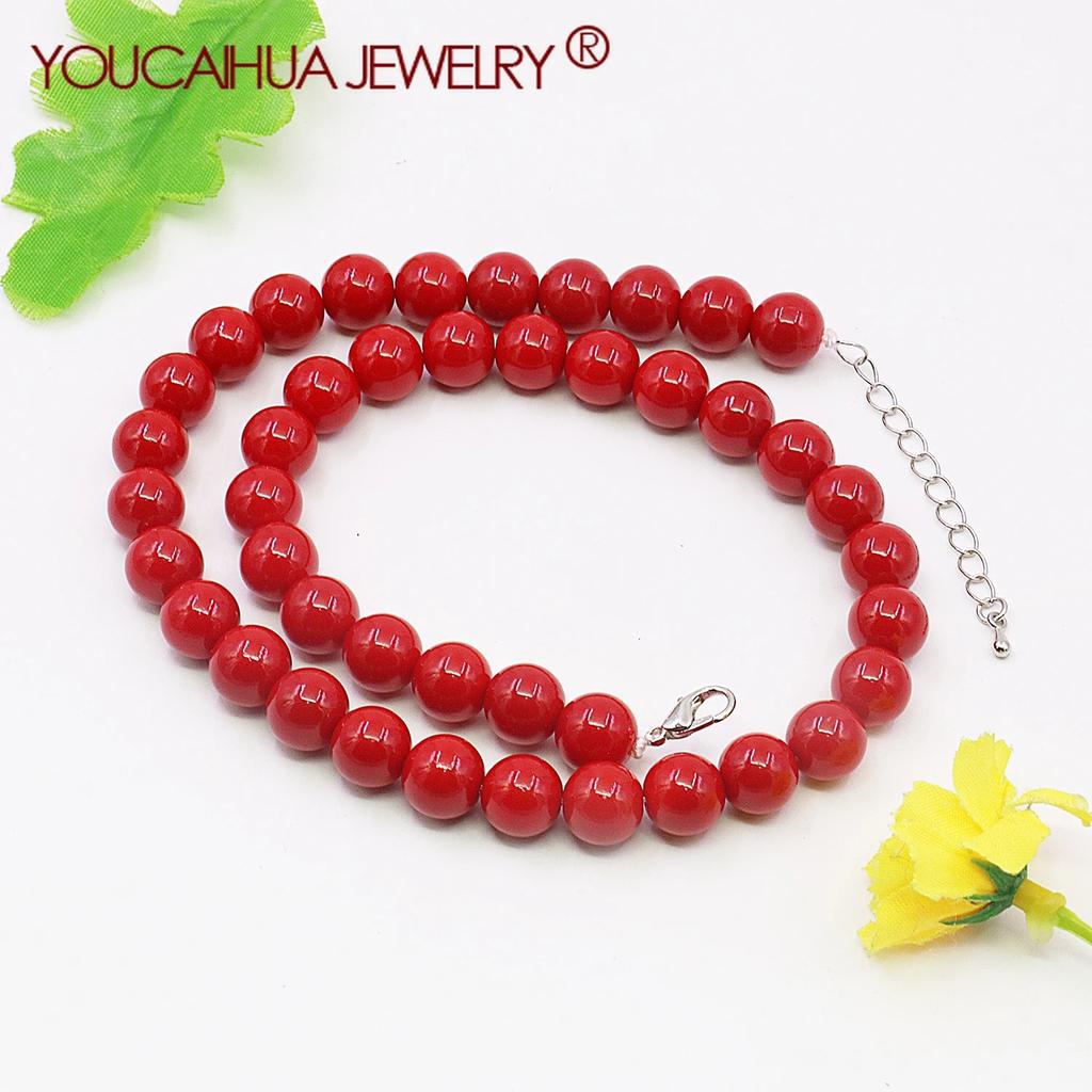 10mm Red Artificial-Coral Pearl Round Beads Necklace/Stud Earrings Sets Jewelry Neckchain,5cm Extension Chain,Girl/Women's Party Gift