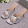Luxury Gold Silver High Heels Sandals Women  Slip On Square Toe Summer Slippers Woman Plus Size 43 Thin Heeled Party Shoes