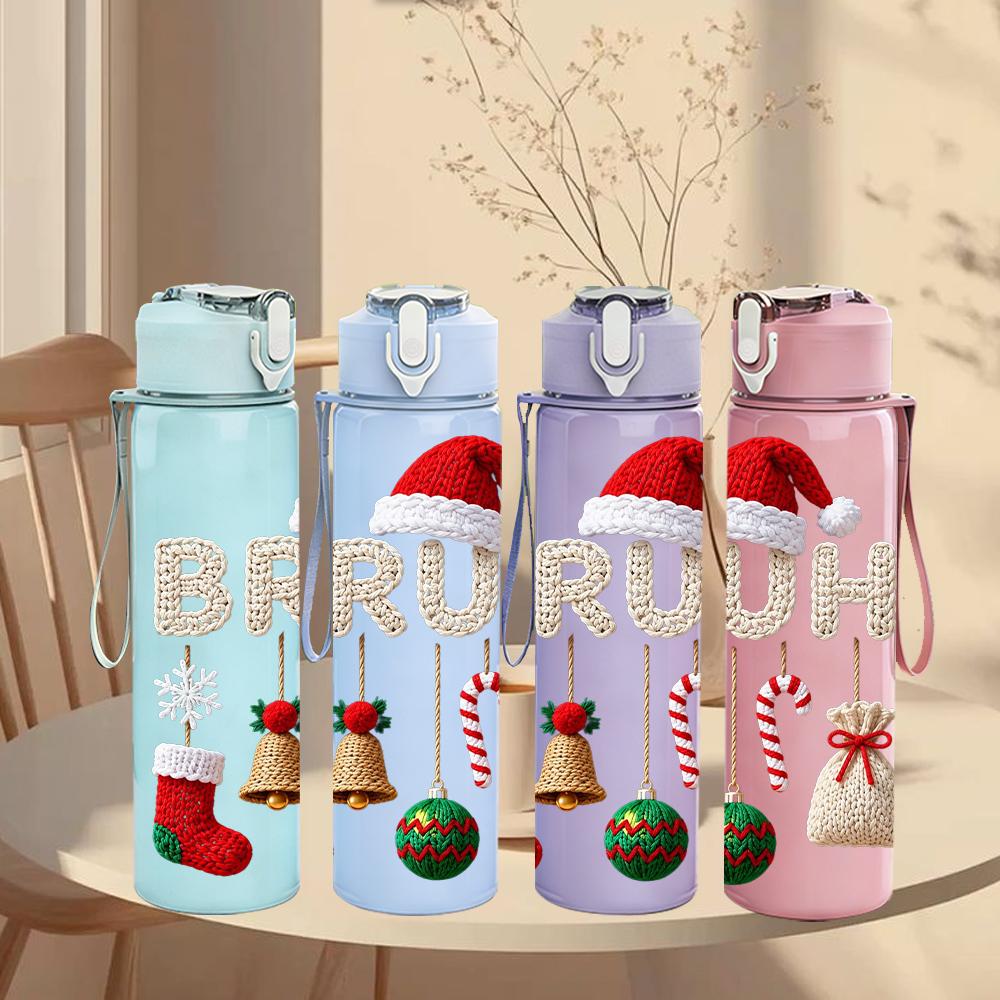 1PC Bruh Santa Bell Christmas Decor Set 750ml Color Plastic Water Bottle Leakproof Flip Straw Lid For Sports Office Home Use