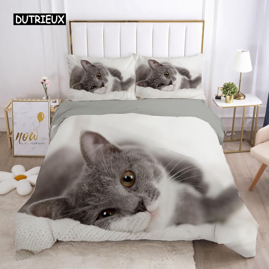 Комплект постельного белья с изображением кота, милого животного, котенка, пододеяльника для детей, подростков, девочек, животных, двуспального размера, размера «king-size», полиэстера, комплект постельного белья
