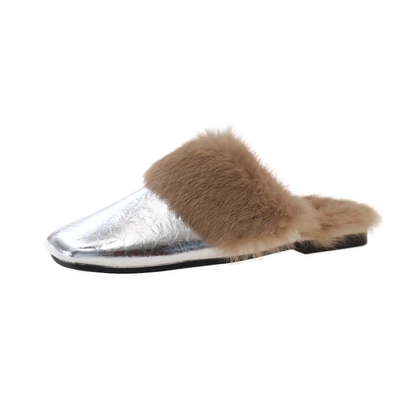 Fashion Aphixta Soft Leather Solid Color Indoor Slipper Furry Warm Women Mule Shoes Flat With Slides Chaussures Femme Zapatos Mujer