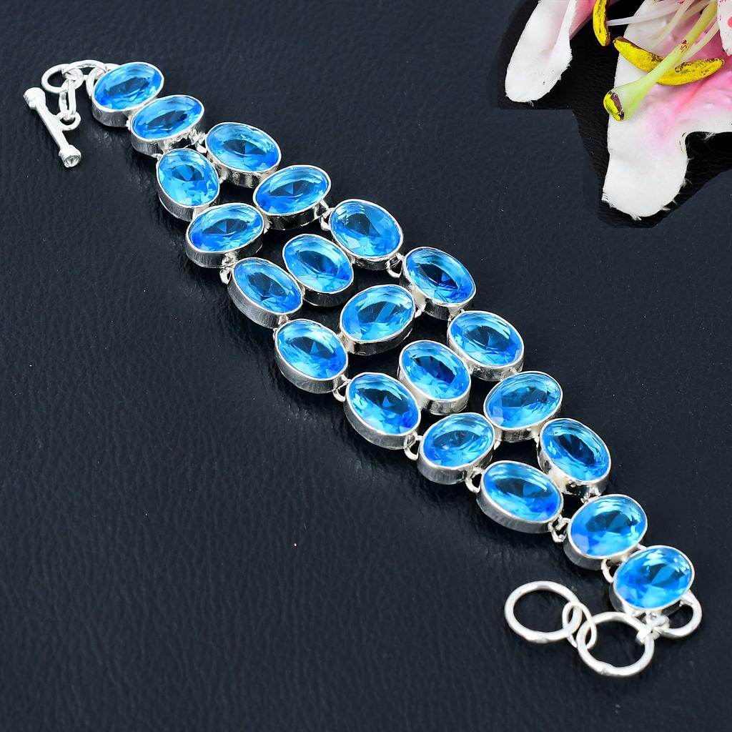Swiss Blue Topaz Gemstone Handmade 925 Sterling Silver Bracelet 7-8" KG-374