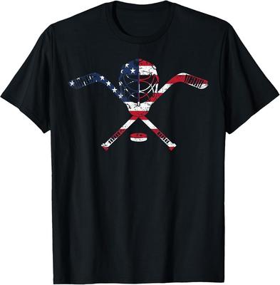 USA Flag Hockey Goalie Mask Stick Patriotic Unisex Tee S-3XL