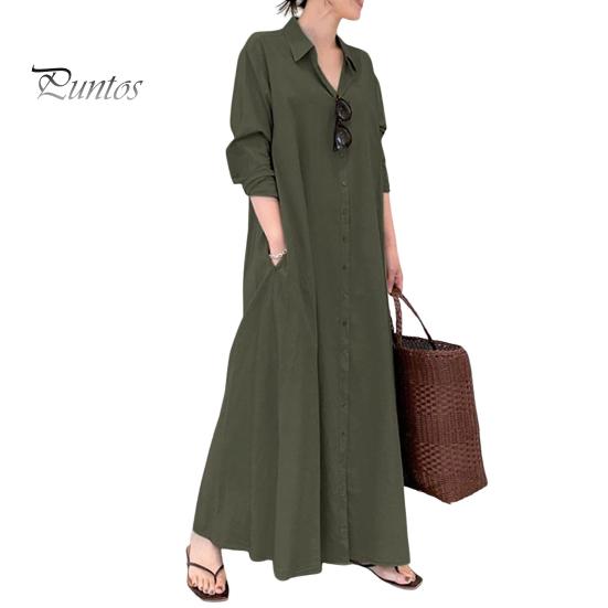 Женское весеннее платье с отложным воротником, свободное однобортное однобортное платье с длинными рукавами и карманами на пуговицах, тип рубашки до щиколотки, осеннее повседневное платье макси