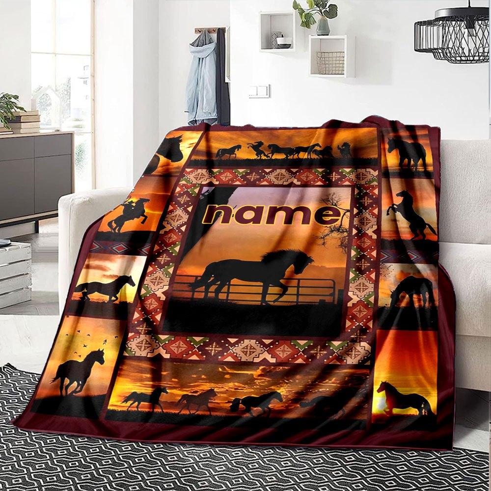 Horses At Sunset Gift Personalized Blanket Personalized Text Durable Comfort Great For Sofa Couch Office Bed Picnics Four Seasons Universal Stylish