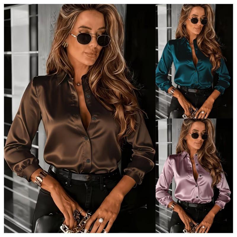 Womens Long Sleeve Satin Shirt With Collar Slim Fit Office Blouse In Solid Colors 2026