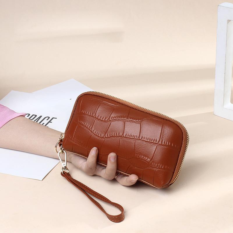 Женская сумка-клатч из натуральной кожи All-Match Stone Embossed Long Mobile Phone Bag на запястье с застежкой-молнией