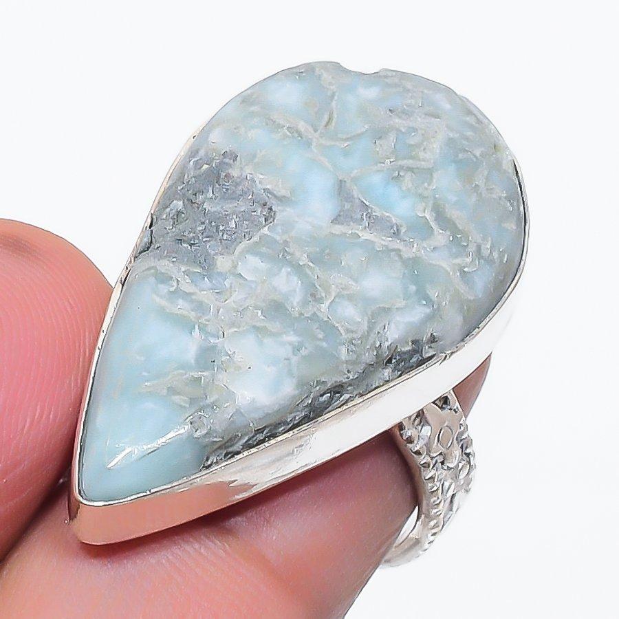 Natural Larimar Gemstone Handmade 925 Sterling Silver Jewelry Ring Size 6.5 R6L52