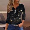 Women's Fashion Casual Flowers Print V-Neck Decorative Button Three-quarter Sleeve T-Shirt Top