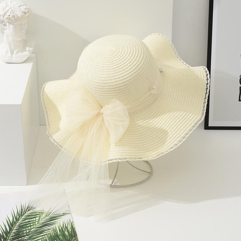 Summer Big Brimmed Woven Hat Women's Pearl Mesh Bow Straw Woven Hat Outdoor Sunscreen Hat