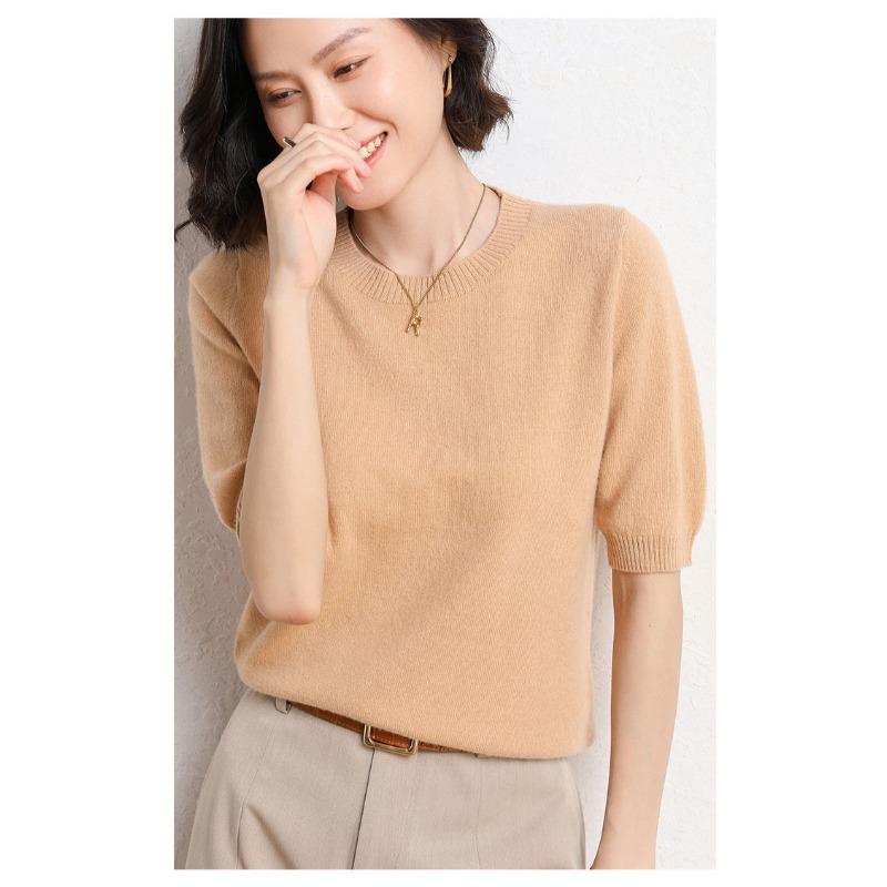 Женский свитер с круглым вырезом, шерстяной свитер с короткими рукавами, однотонный, для поездок на работу, простой, повседневный, трикотажный низ рубашки, теплый, удобный, на осень