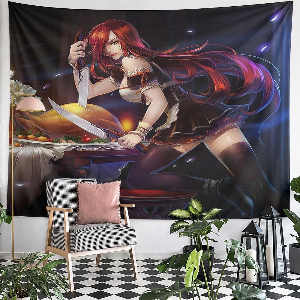Fantasy Red Haired Anime Girl Maid Knives Carving Turkey Wall Tapestry Dark Game Art Decor for Bedroom Game Room