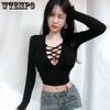 Women V-neck Bandage Hollow Out Slim Tops Long Sleeve Solid Short T-Shirts Spring Summer Bottoming Shirts Streetwear