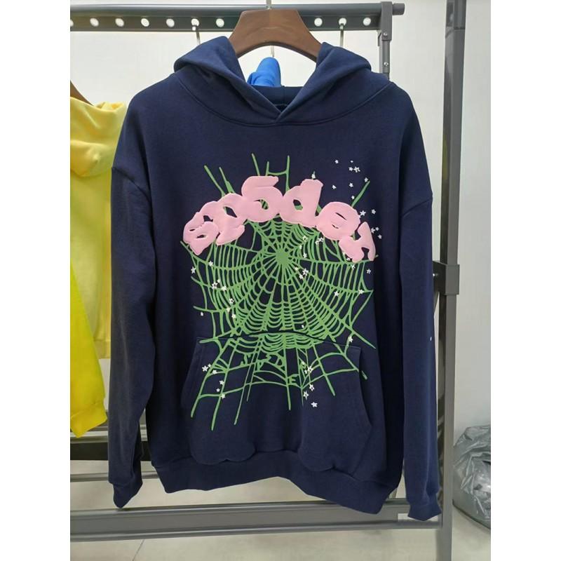 Sp5der Hoodie Oversized Thick Fleece Sweatshirt With Foil Print Spiderweb Design Men Winter Casual Wear