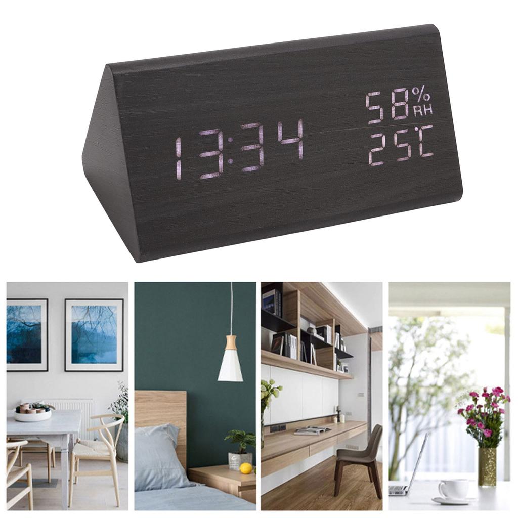 Digital Alarm Clock Regulable Brightness Temperature Humidity Display Black Wood White Light LED Des