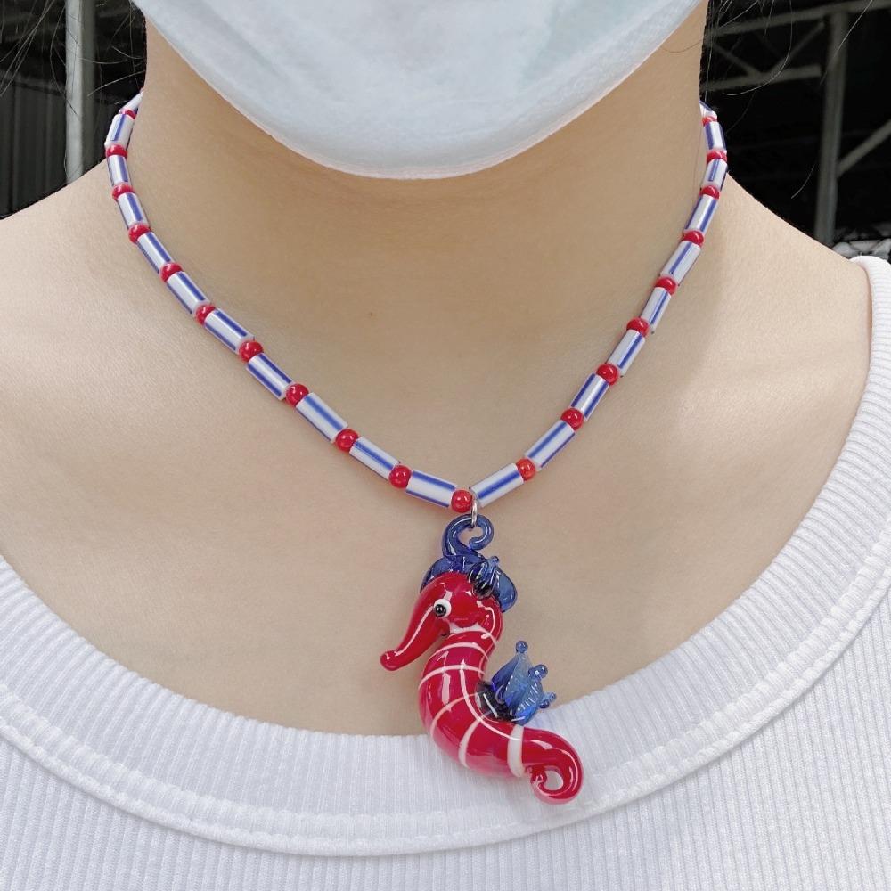 Tropical Island Seahorse Pendant Colorful Glass Beaded Necklace Women and Girls