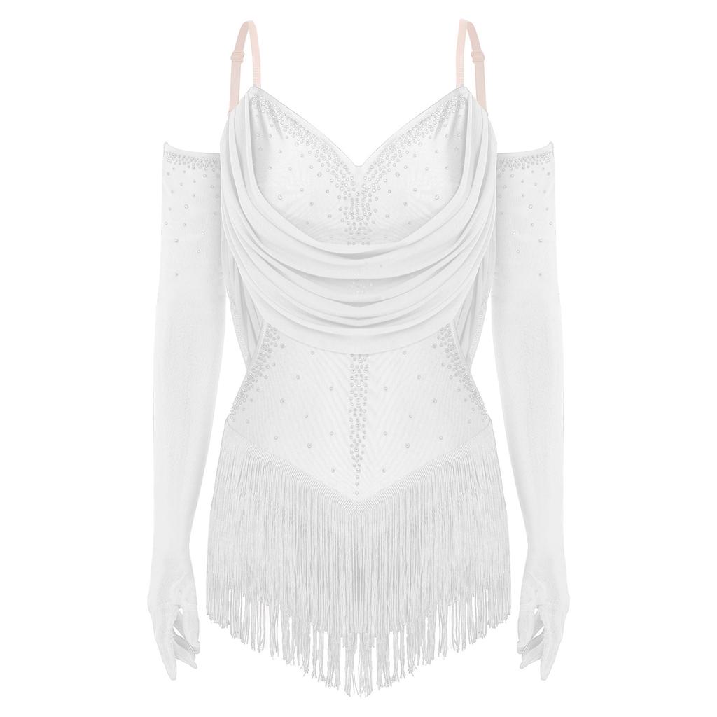 Womens Sparkling Tassel Dancewear Mesh Draped Leotard Rhinestone Fringed Bodysuit Adjustable Strap Gymnastics Outfit