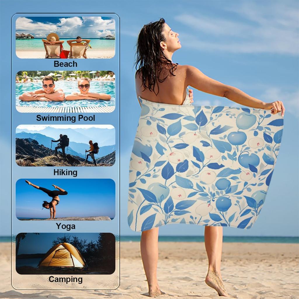 Blue Leaves Fruit Beach Towel Microfiber Oversized Sand Free Beach Towel Quick Dry, Lightweight Pool Gym Swim Towels for Travel