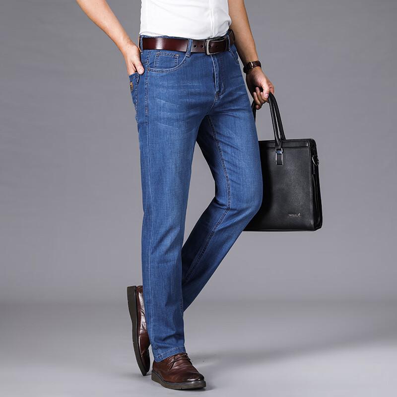 Мужские летние джинсы из эластичного денима свободного прямого кроя