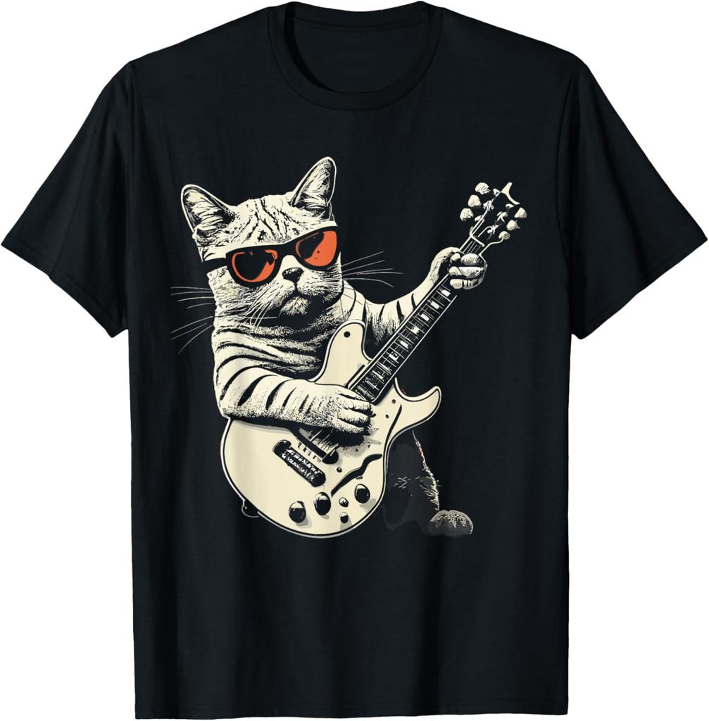 Funny Guitar Cat Rock Humorous Kitty Lover Cat Playing Guitar TShirt Graphic cotton Cute Musical Rock Comics Kitten Outfits Gift