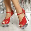 Liyke Red Women Sexy Peep Toe Fetish Stripper Shoes Cozy Patent Leather Summer Buckle Strap Super High Heels Platform Sandals